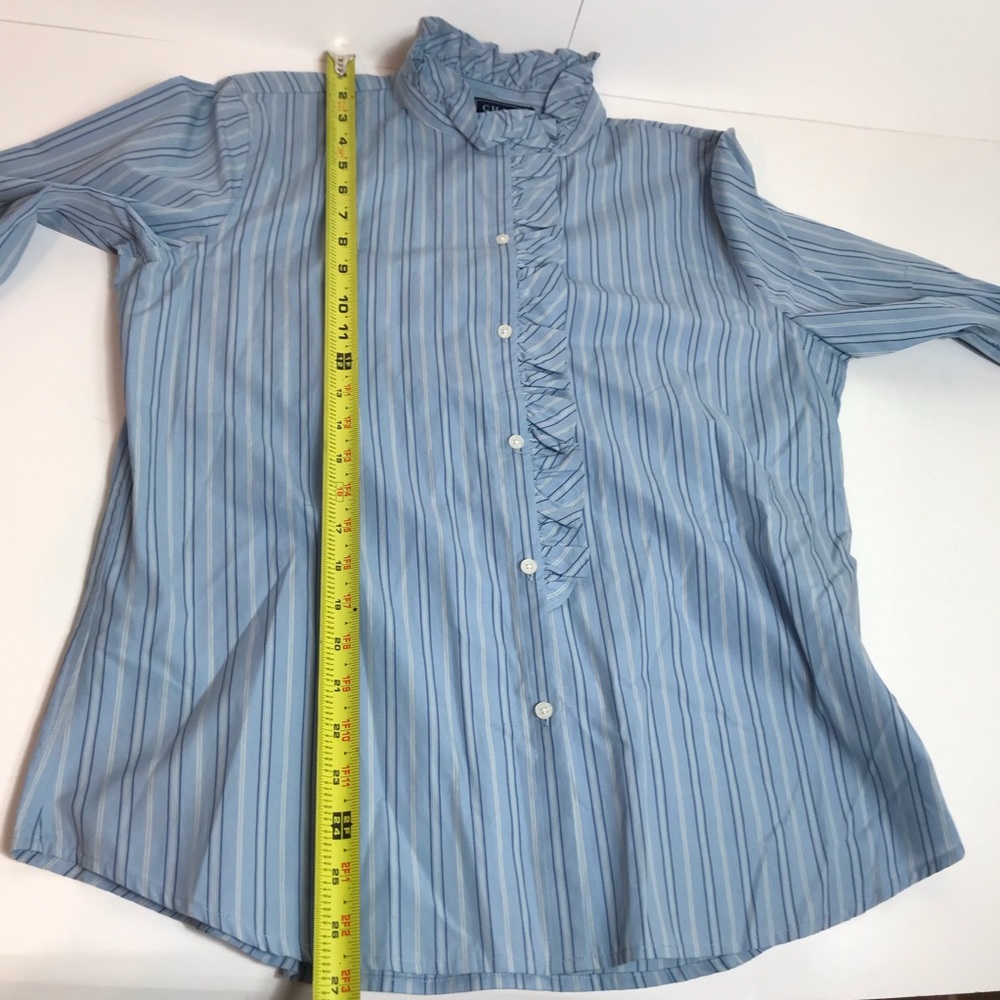 Chaps Light Blue Striped Ruffle Front Button Down Shirt - Picture 4 of 5